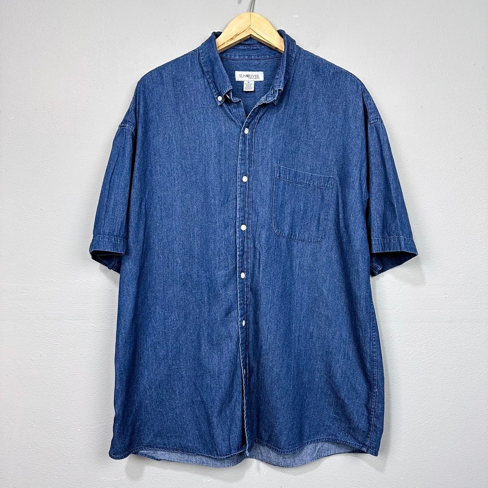 Sun River Denim Shirt Mens Size XL Blue Short Sleeve Button Down Pocket Cotton